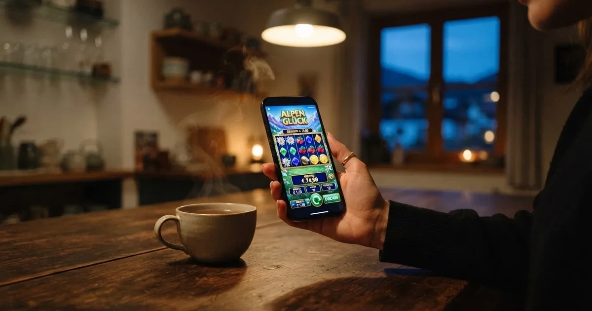 Hand hält ein Smartphone, daneben eine Tasse Tee, ruhige Abendstimmung am Küchentisch — online casino ohne auszahlungslimit