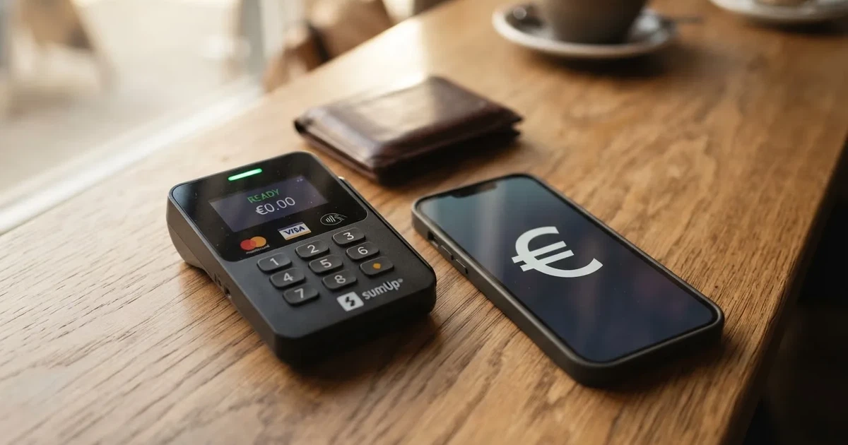 Kartenterminal und Smartphone auf einem Holztisch neben einer Geldbörse — online casino schnelle auszahlung